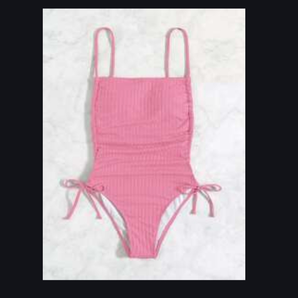 SHEIN Pink Ribbed One-Piece Swimsuit